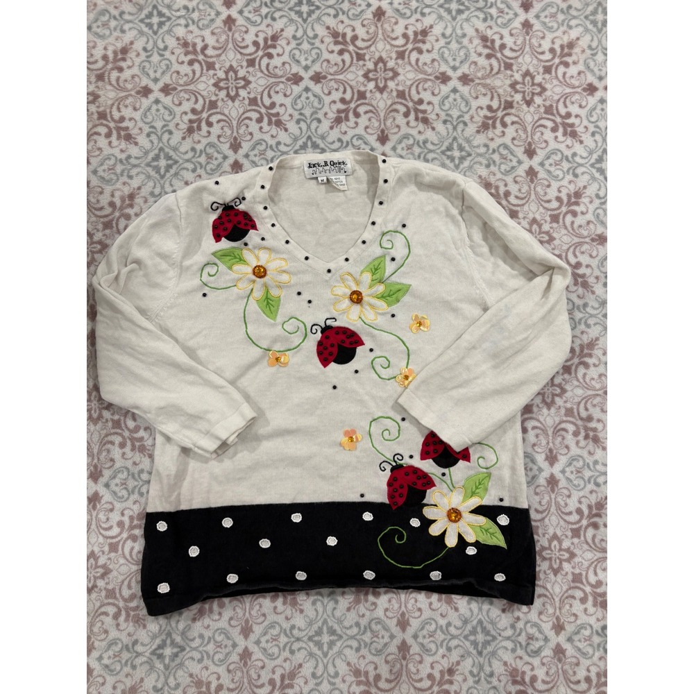 Jack B Quick Ladybug Daisy Embroidered V-Neck Sweater White Black Polka Dot M